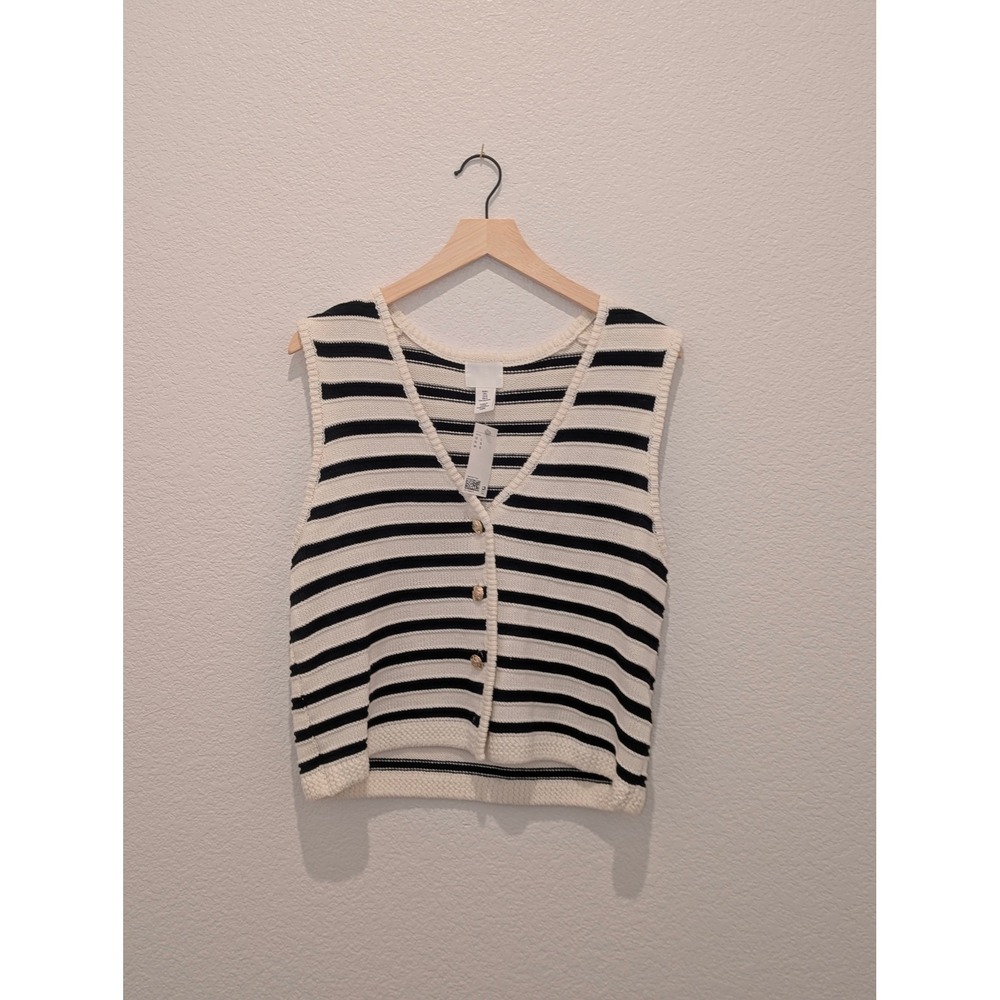 H&M Striped Knit Sweater Vest Cream Black Gold Button Cardigan Sleeveless NWT